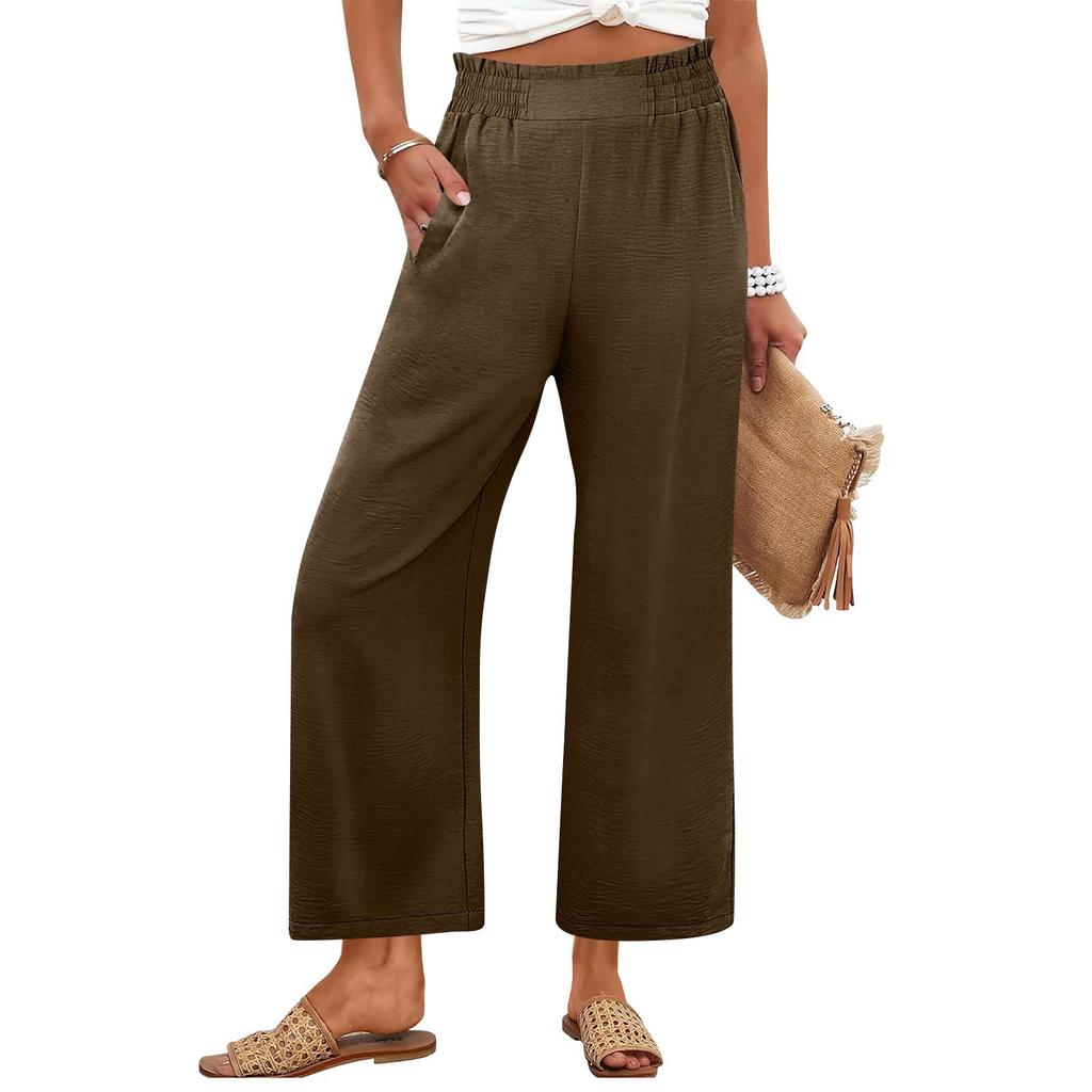 Women's Fashion -Colour Elasticated High-Waisted Cropped Trousers With Pockets