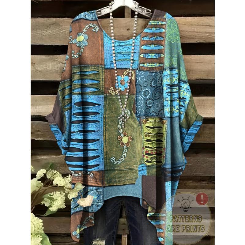 

Colorful Distressed Color Block Splicing Imitation Denim Printed Women s Top T-shirt Short Sleeved 5XL
