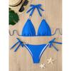2-teiliges Strass-verziertes Dreieck-Bikini-Set Kettenglied-Neckholder-Bindeband, Funkelnder blauer Glitzer, Badeanzug für Karneval, Musikfestival,