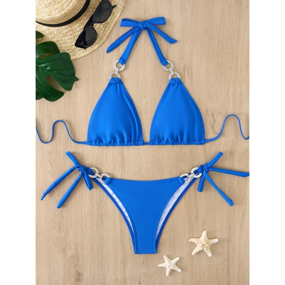 2-teiliges Strass-verziertes Dreieck-Bikini-Set Kettenglied-Neckholder-Bindeband, Funkelnder blauer Glitzer, Badeanzug für Karneval, Musikfestival,