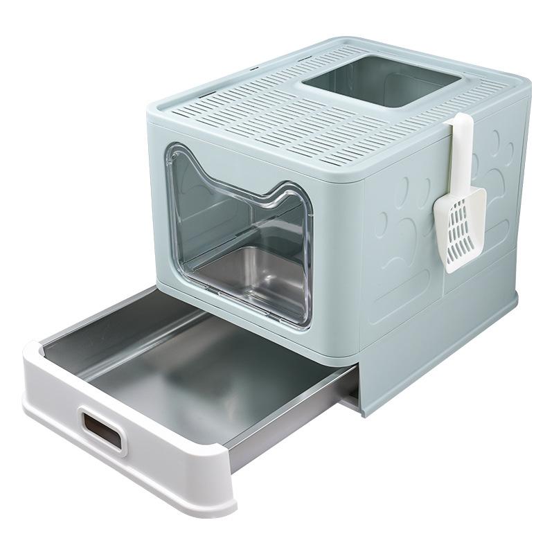 Stainless Steel Cat Litter Box Fully Enclosed Foldable Cats Sandbox Large Drawer Anti-splash Deodorizing Cat Toilet Easy Clean