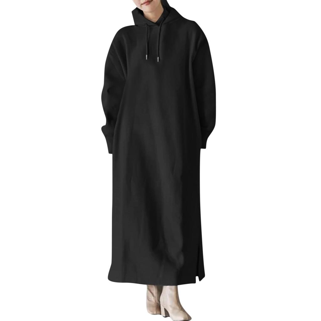 Dámská jednobarevná mikina s dlouhým rukávem a kapucí se spodním okrajem větších velikostí, rovná kapsa, volné dlouhé šaty