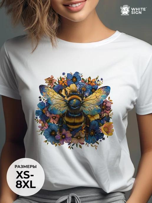 Oversized summer T-shirt: Bee and Flowers print 3XL