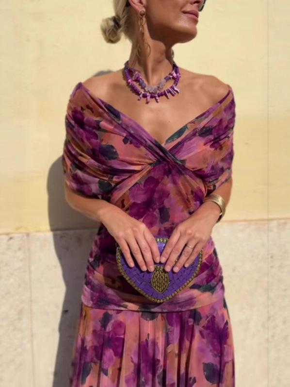 2025 European Style Women's Chiffon Off-the-Shoulder Bandage Dress - Floral Print
