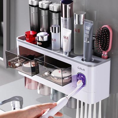 Wall-Mounted Toothbrush & Mouthwash Holder Set with Cup - Punch-Free Storage Solution for Bathroom