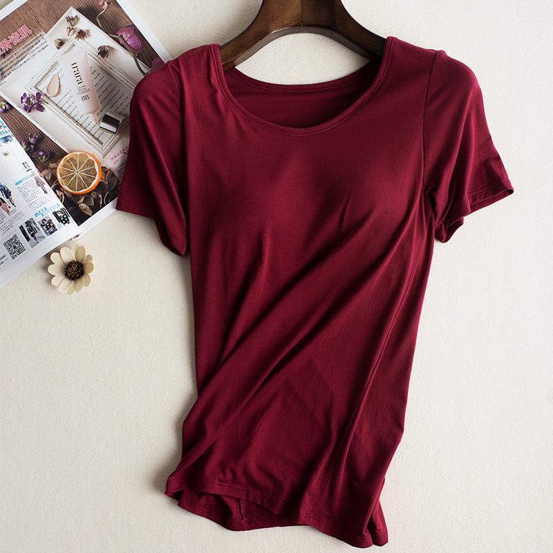 

Спортивная футболка для йоги с короткими рукавами и встроенными подушечками — беспроводная, бюстгальтер не нужен — идеально подходит для лета и осени. XL (120-140 lbs) бордовый