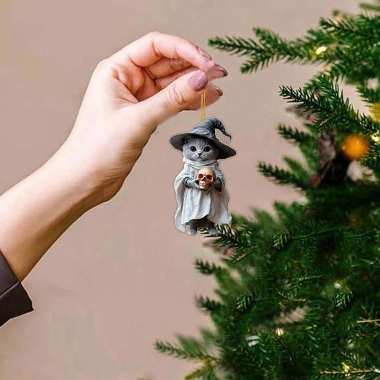 Halloween Cat Ornament Cute Cat with Witch Hat Pumpkin/Skull Hanging Decoration 2D Flat Acrylic Car Rearview Mirror Charm Christmas Tree Decoration