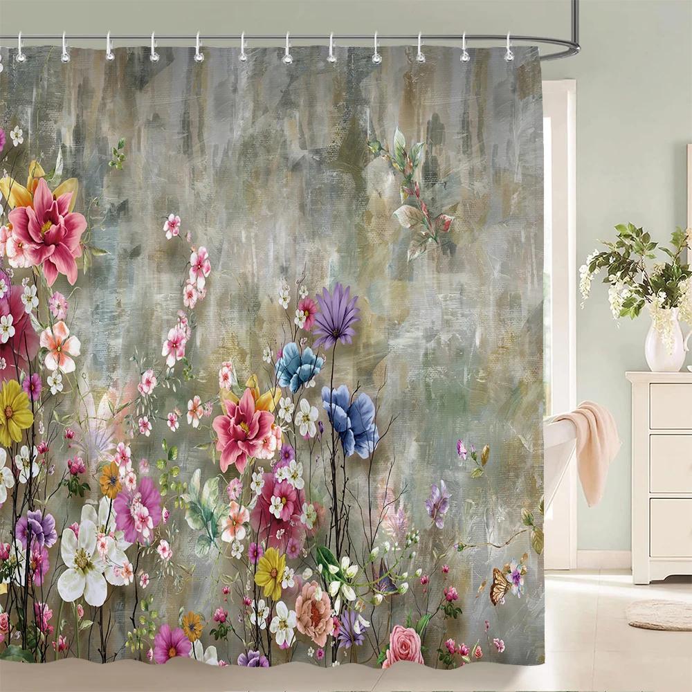 Colorful Beautiful Flowers Shower Curtains With 12 Hooks Floral Printed Fabric Shower Curtain Waterproof Polyester Bath Screen