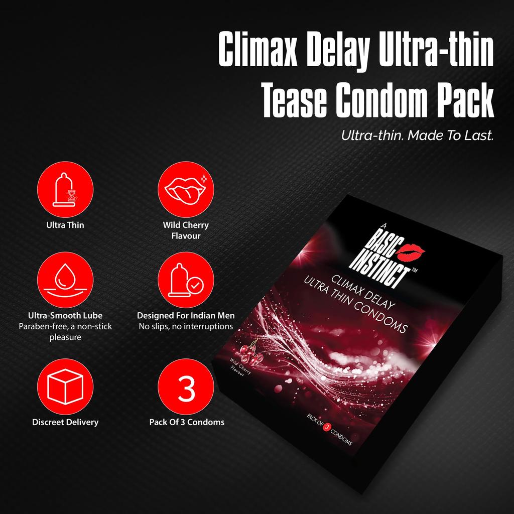 Basic Instinct Climax Delay Ultra thin Latex Condoms for Men Wild Cherry Flavoured, 3 Pcs (Pack of 5)
