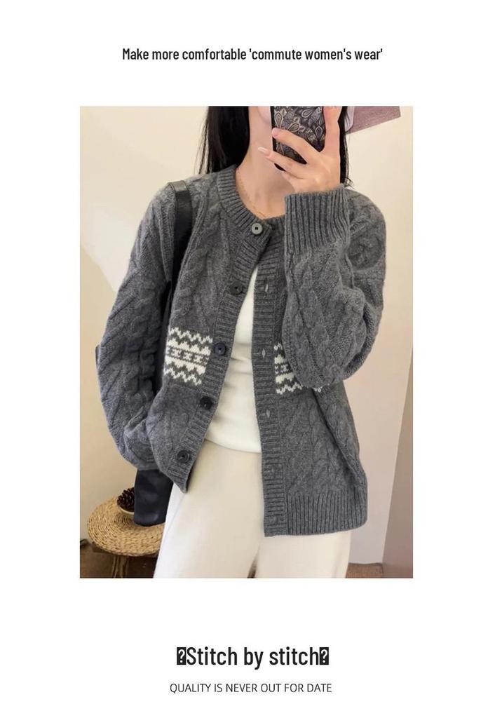 Women's 100% Pure Wool Cable Knit Round Neck Cardigan for Autumn/Winter - Soft, Slimming Sweater Coat