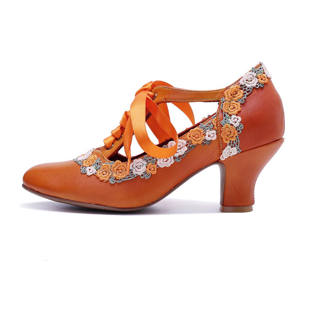 Johnature Handmade Women's Pumps Genuine Leather Retro Lace Flower Mary Jane Lace-up High Heels