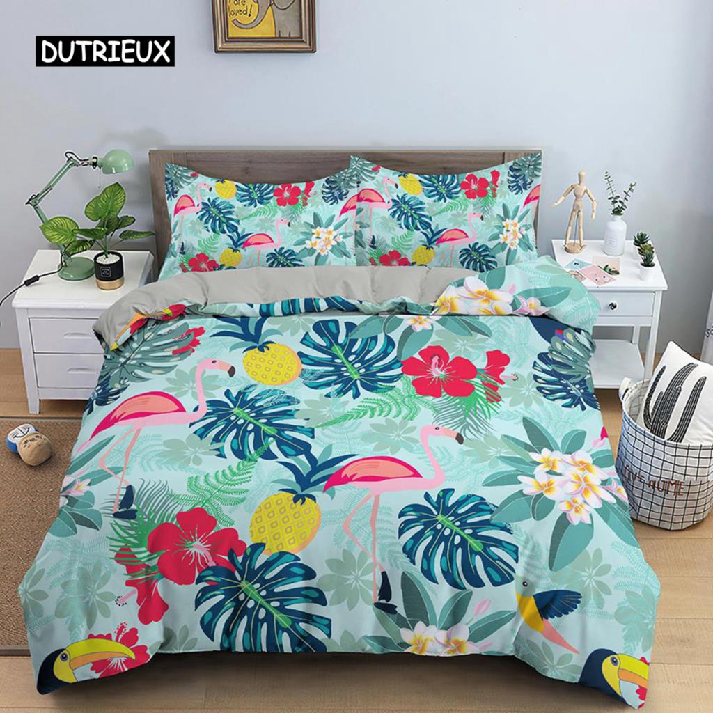 Flamingo Duvet Cover Set Purple Tropical Botanical Bedding Set Coral Flamingo Soft Breathable Queen King Polyester Quilt Cover