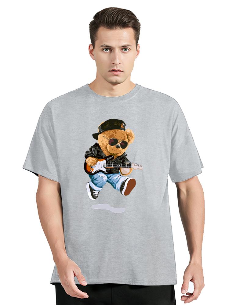 Cool Bear In Rocker Style With Electric Guitar TShirt Hip Hop Rock Cotton Tops Tees Mens Clothing Oversized Tshirt