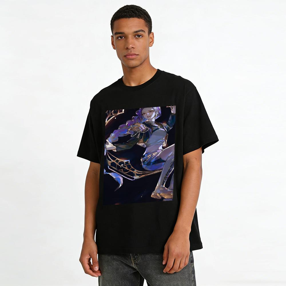 Trendy Chinese Style Purple Haired Girl Print Top Anime Style Loose Casual Versatile T-Shirt Pure cotton T-shirt
