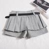 Womens Shorts Autumn Winter Belt High Waist Fluffy Pleated A-line Skirt Korean Fashion Sexy Y2k All Match Clothes