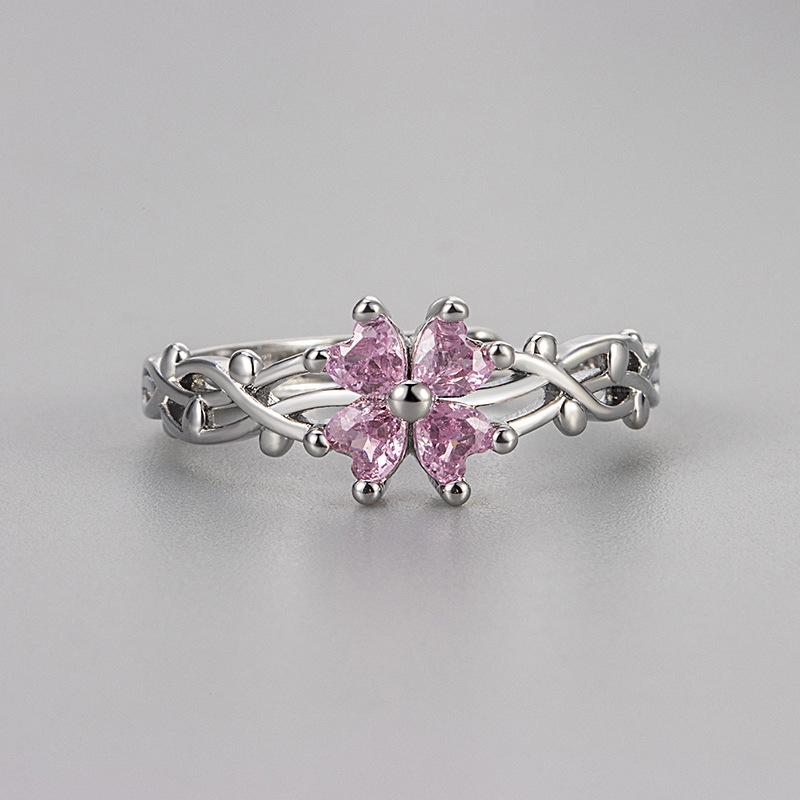 Vintage Micro Pave Zircon Four Leaf Clover Ring Women Fashion Vine Wrapped Adjustable Index Finger Ring Jewelry