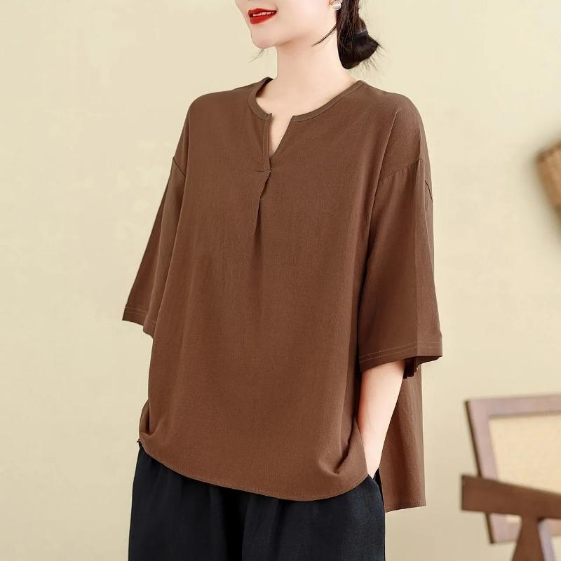 Womens Brown Cotton T Shirt Casual Small V Neck Drop Shoulder Loose Fit Blouse