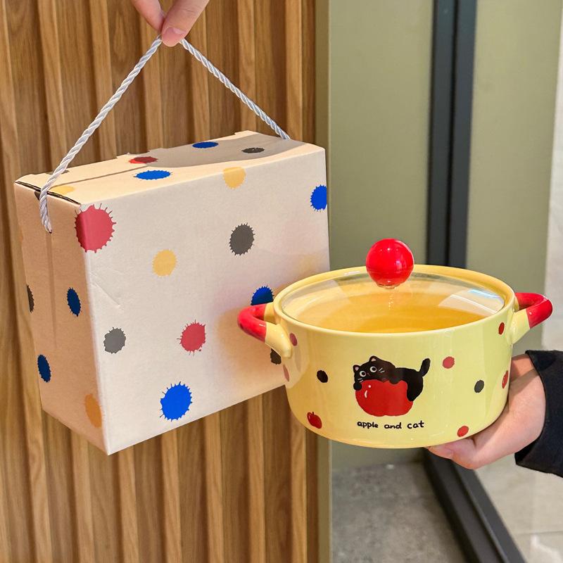 Cute Polka Dot Cat Instant Noodle Bowl Fruit Salad Dessert Bowl Student Dormitory Instant Noodle Bowl Girl Birthday Gift