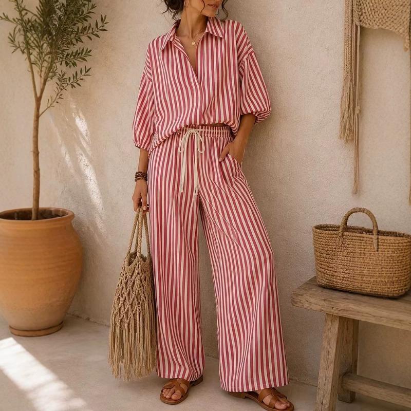 Fashion Striped Women Casual Long Sleeve Shirt Loose Pants Two Piece Set