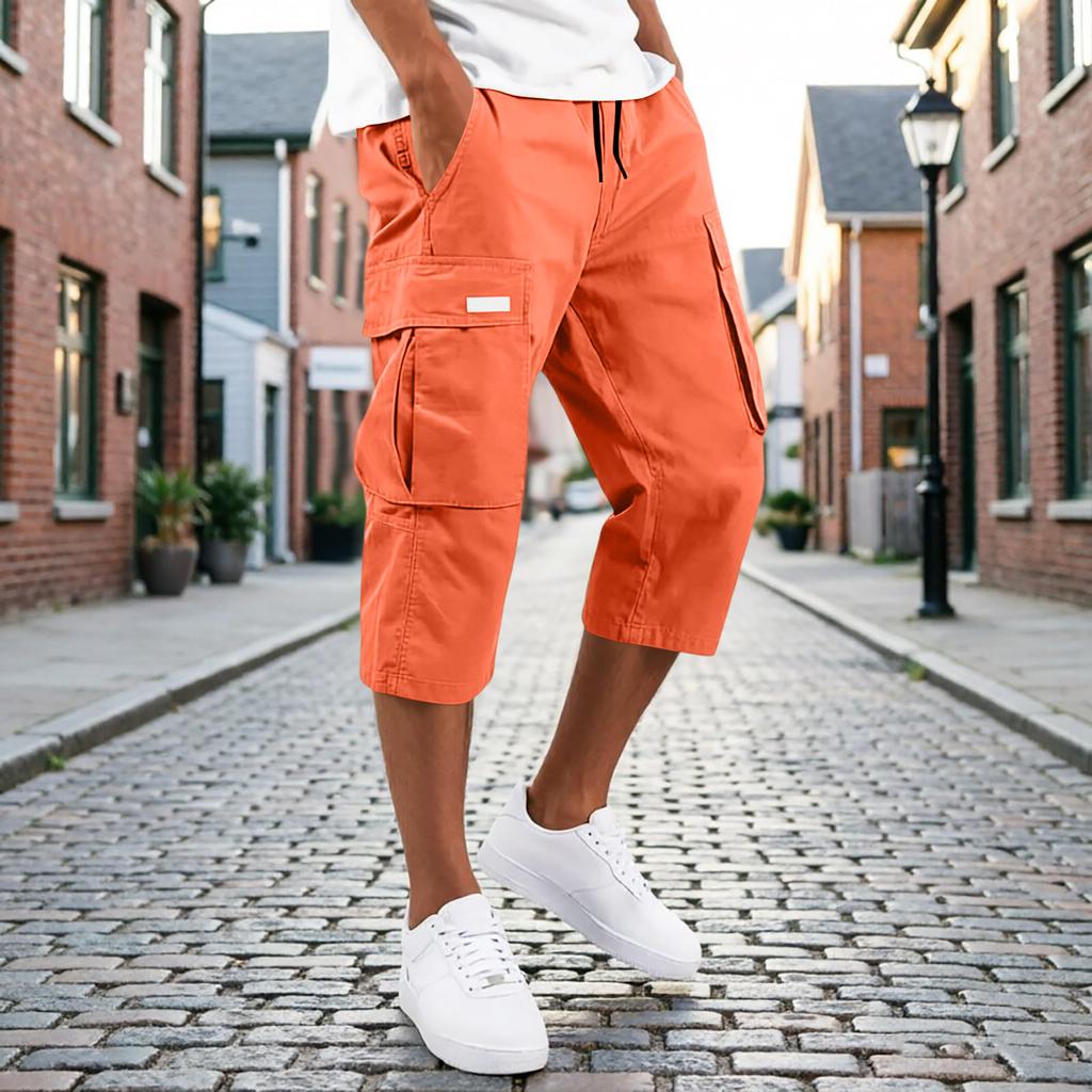 Men’s Drawstring Waist Multi Pocket Cargo Capri Pants Relaxed Fit Seven Quarter Length Casual Trousers for Everyday Wear