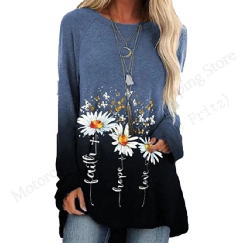 Spring and Autumn Round Neck Small Daisy Flower Pattern 3D Printed Top Fashionable Casual Long Sleeved Women's T-shirts