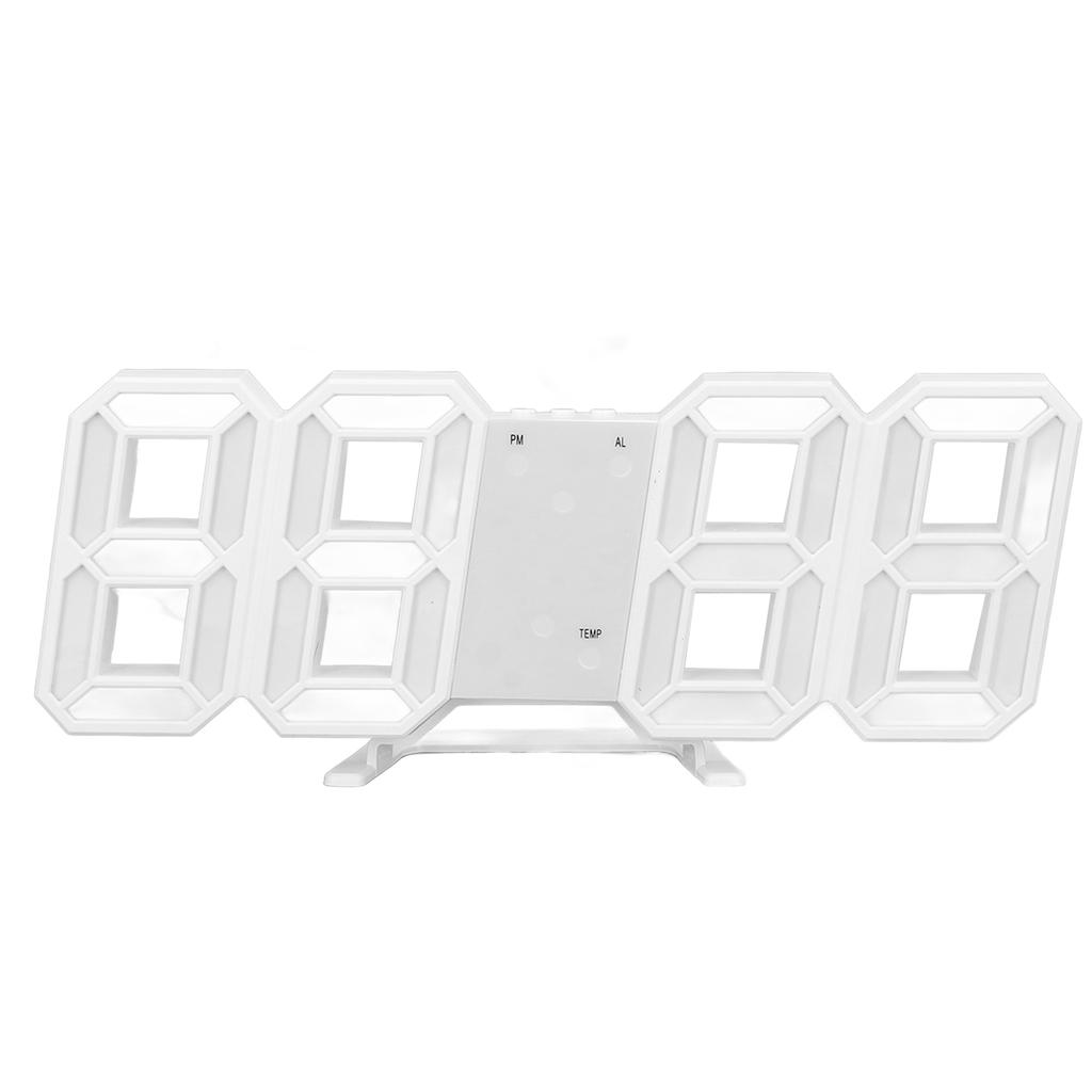 3D LED Wall Clock Minimalist White Frame Digital Wall Alarm Clock Timer with Temperature for Home Livingroom White Word