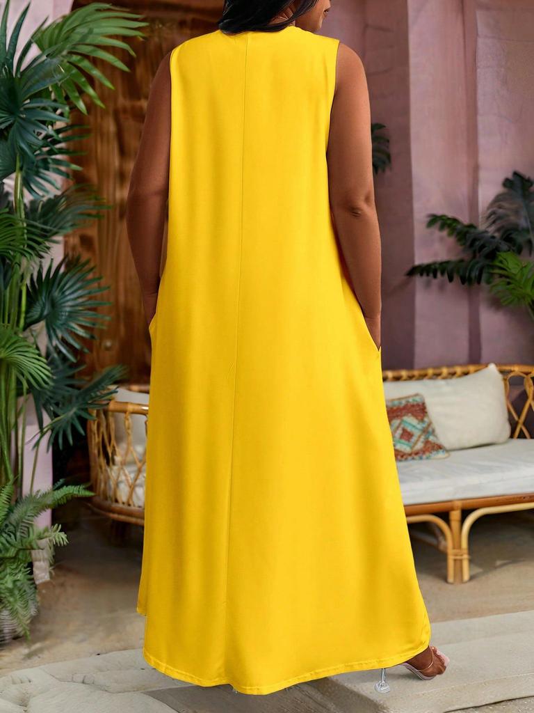 Plus Size African Impressionist Gold Leopard Sleeveless Long Dress