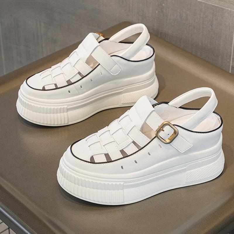 Pantofi de vară pentru femei din piele naturală de 8 cm, la modă, papuci cu platformă, sandale cu pană pentru femei, slip-on, de plajă, de vară, la modă, pentru doamne