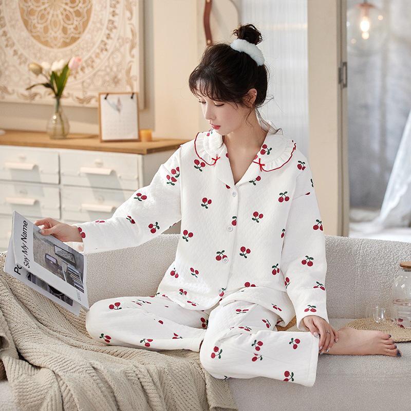 Gesteppter Langarm-Kimono-Stil Umstands- & Stillpyjama - Warmluft-Baumwoll-Cardigan Homewear
