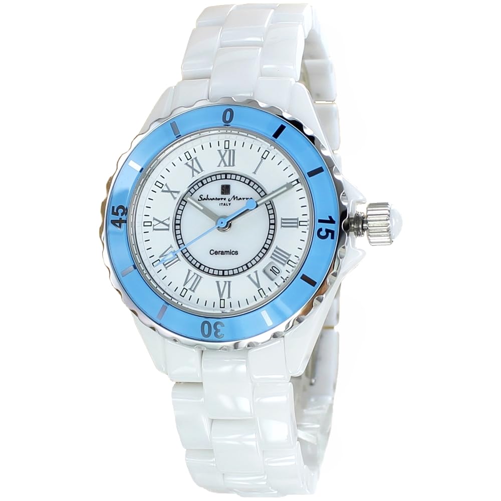 

Salvatore Marra и черно-белые керамические часы-браслет белые x синие римские цифры мужские женские [Нет. 6]