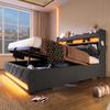 Upholstered Bed 140*190, Storage Headboard, USB Type C Port, 360 Surround LED Around Head and Foot End, Hydraulic Storage, Grey, Linen(No Mattress)