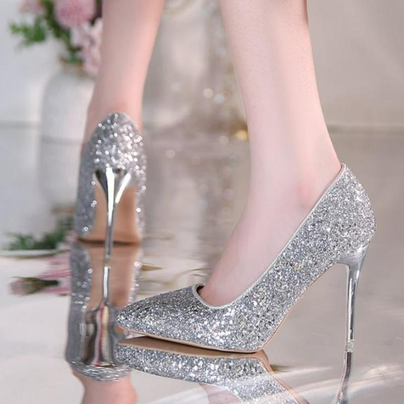 Fashion New Women High Heels Pumps Sequins Glitter Luxury Designer Pumps Plus Size 43 Wedding Bridal Gold Valentine Dress Work Shoes