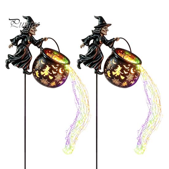 Halloween Garden Decorations Witch Cauldron Yard Light, Flying Silhouette Stake with Colorful Glowing Art for LED, Spooky Outdoor Decorative