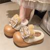 Fashion Waterproof Baotou Slippers Winter New Round Toe Deep Mouth Bow Added Wool Warm Non-slip Semi-drag