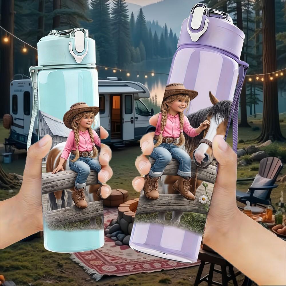 1PC Cowgirl Horse Western Scene Print 750ml Color Plastic Sports Water Bottle Leakproof Flip Straw Lid Suitable for Sports Office Home Use