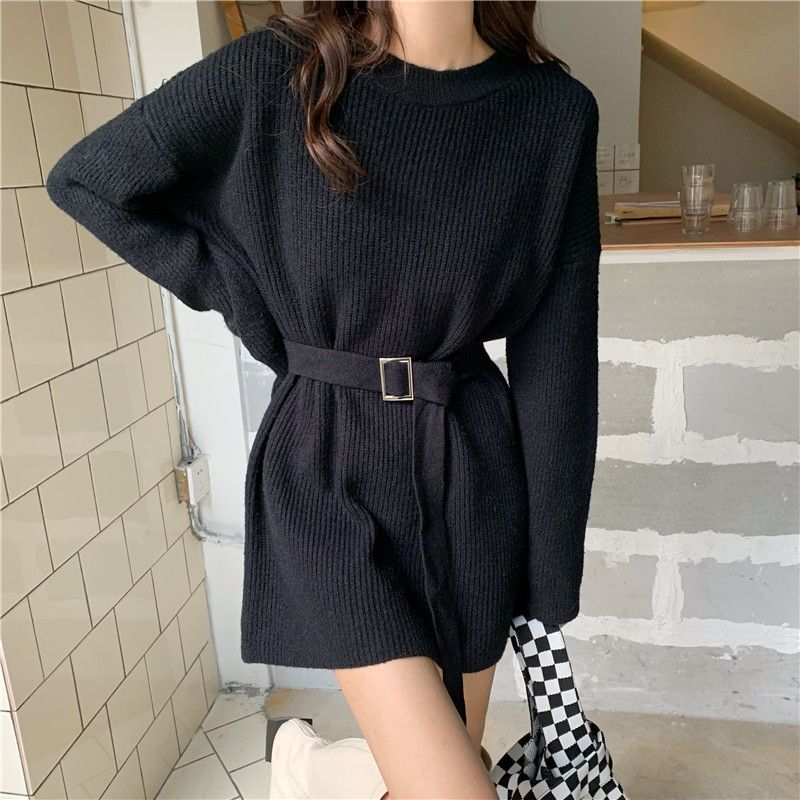 Women's Knit Dress Autumn Winter Simple Midi Sweater Dress Slim Fit Pullover Sweater Dress with Belt