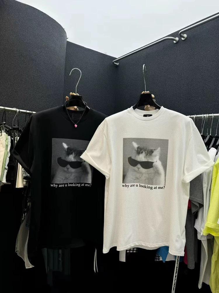 Хлопковая повседневная футболка большого размера для женщин с принтом кошки из Дондэмуна (Корея) L