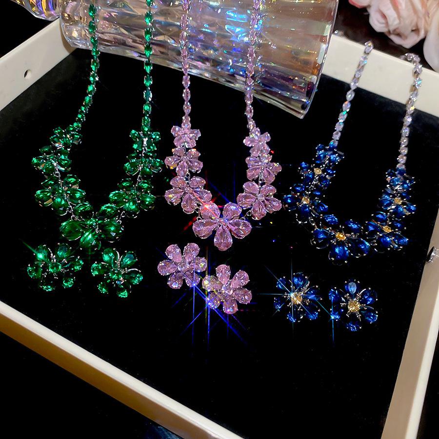 Elegant Water Drop Zircon Flower Earrings & Necklace Set – European & American Court Style Luxury Clavicle Chain for Women