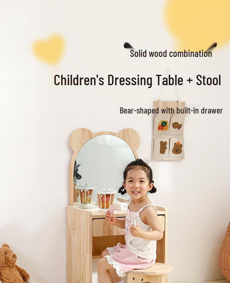 Korean Princess Solid Wood Children's Dressing Table and Stool Set for Girls' Room