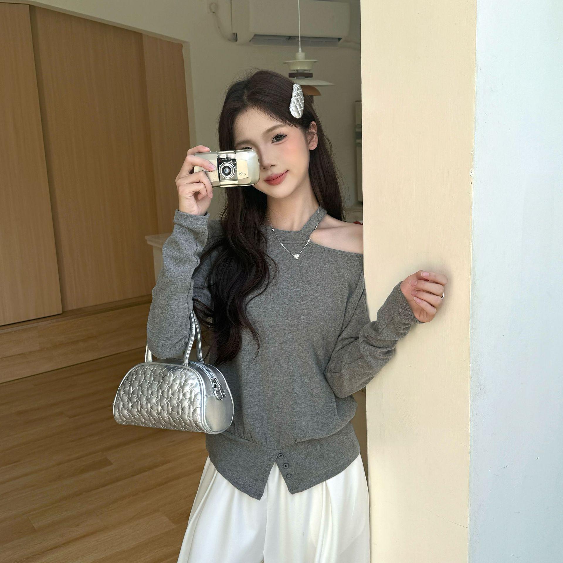 

Korean Style Pink Halter Neck Off-Shoulder Exquisite Long-Sleeve Top for Women Medium