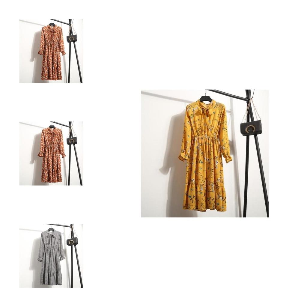 Elegante Abito Lungo Maxi Floreale in Chiffon a Maniche Lunghe da Donna per la Primavera 2018, Casual, da Festa, Vintage, Boho, in Colori Affascinanti