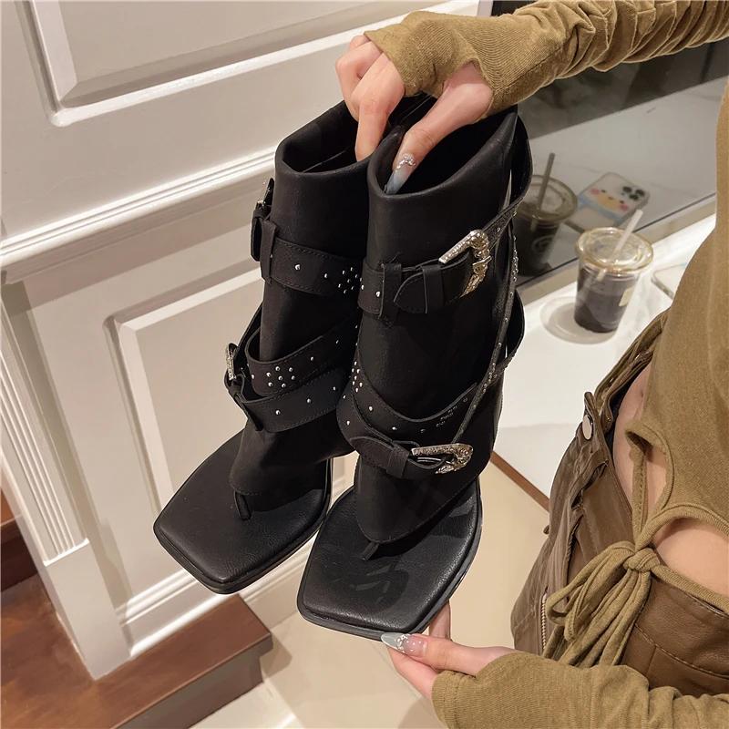 Women's clip toe cool boots 2025 fashion rivets metal buckle open toe mid-calf boots casual high heel square head boots sandals