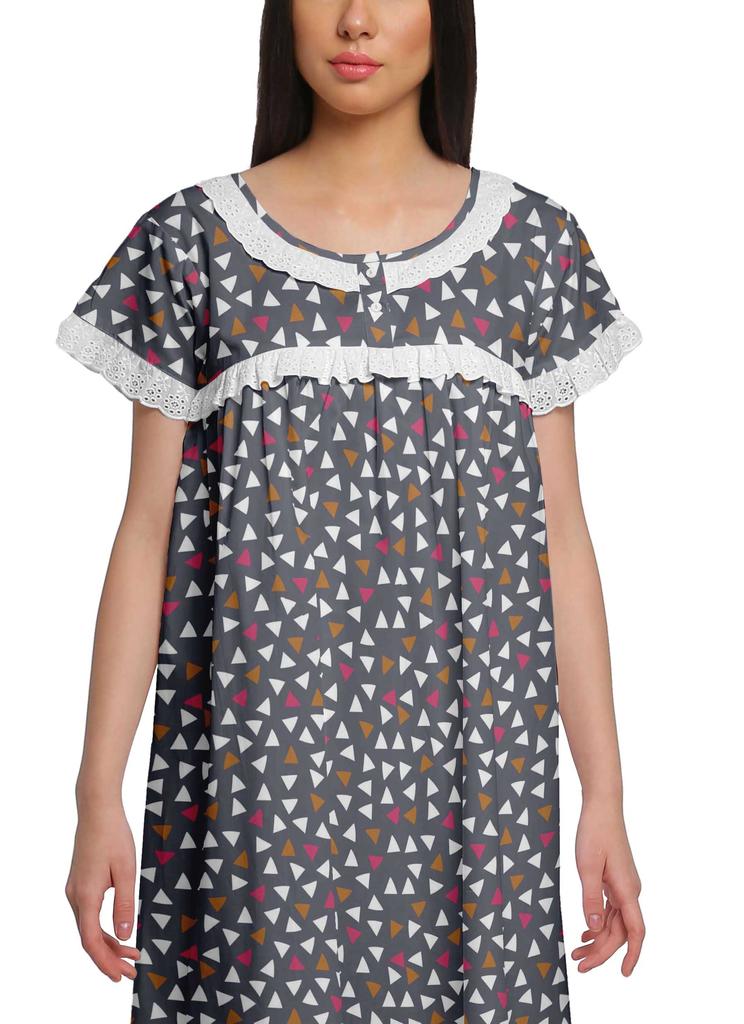 Moomaya Printed Short Sleeve Knee Length Nightdress Round Neck Sleepwear