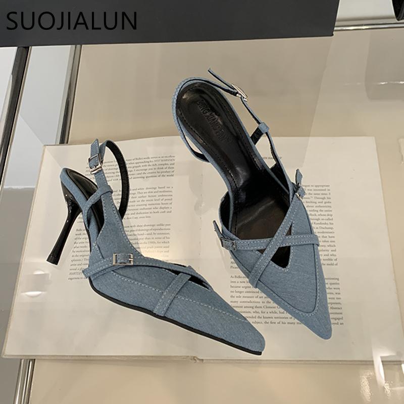 Fashion SUOJIALUN New Brand Women Sandal Shoes Fashion Pointed Toe Shallow Slip On Slingback Shoes Thin High Heel Outdoor Dress Pumps
