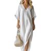 European and American New V-neck Bat Sleeve Split Ends Loose Temperament Dress Long Dress Women's Clothing