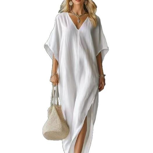 European and American New V-neck Bat Sleeve Split Ends Loose Temperament Dress Long Dress Women's Clothing