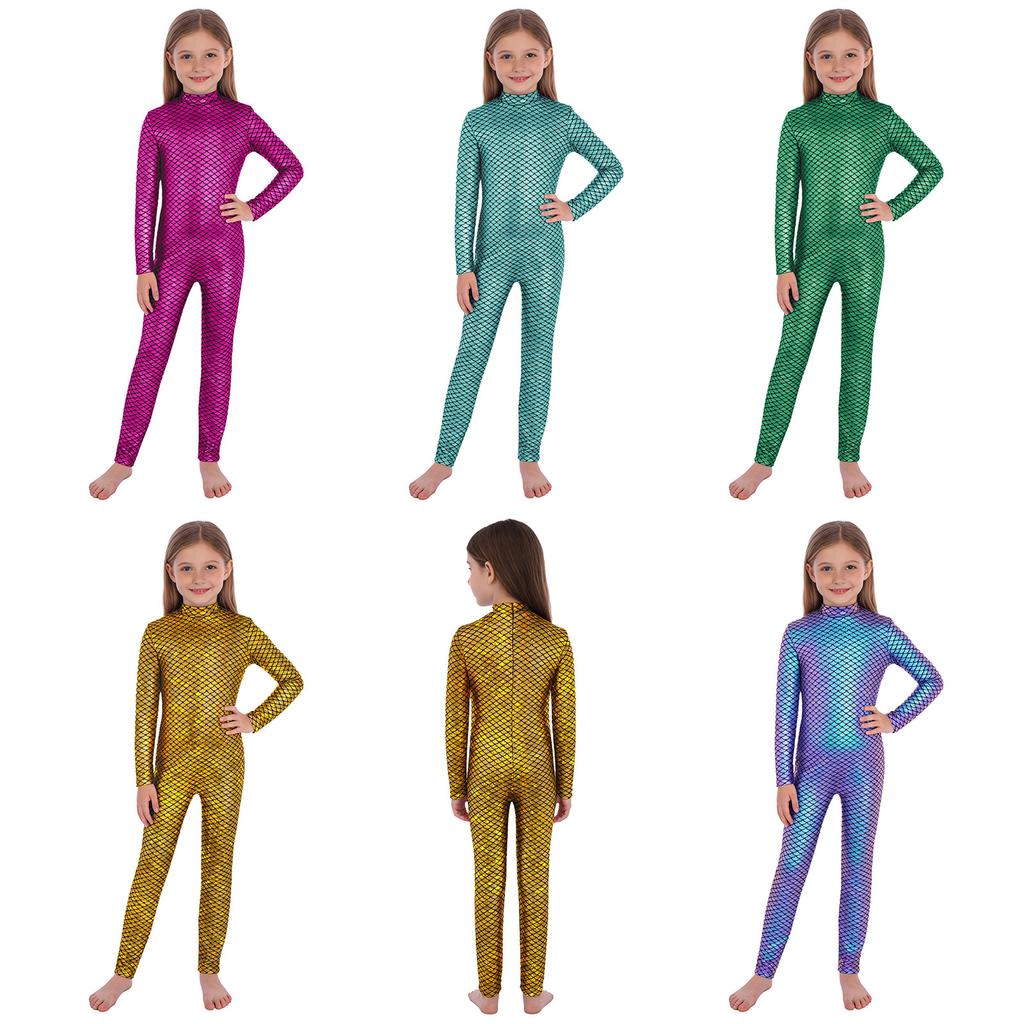 Girls Metallic Fish Scales Jumpsuit Long Sleeve Back Invisible Zipper Bodysuit Gymnastics Dance Unitard