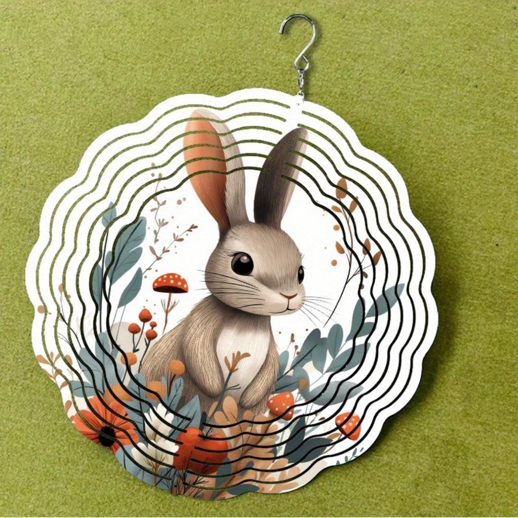 10 Inch Metal Wind Spinner with Rabbit Floral Design 360 Degree Rotating Hanging Decor for Garden Patio Lawn Indoor Outdoor