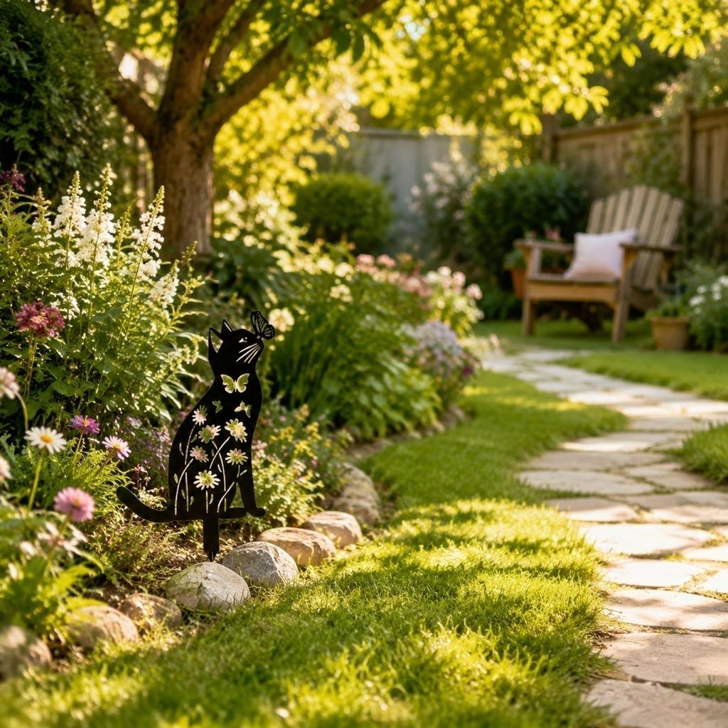 2er-Pack Outdoor-Gartenstecker Katzenmotiv Metall-Rasen-Dekorationen Hofkunst-Skulpturen mit Blumen- und Schmetterlingsmustern für Terrassen- und Gartendekoration
