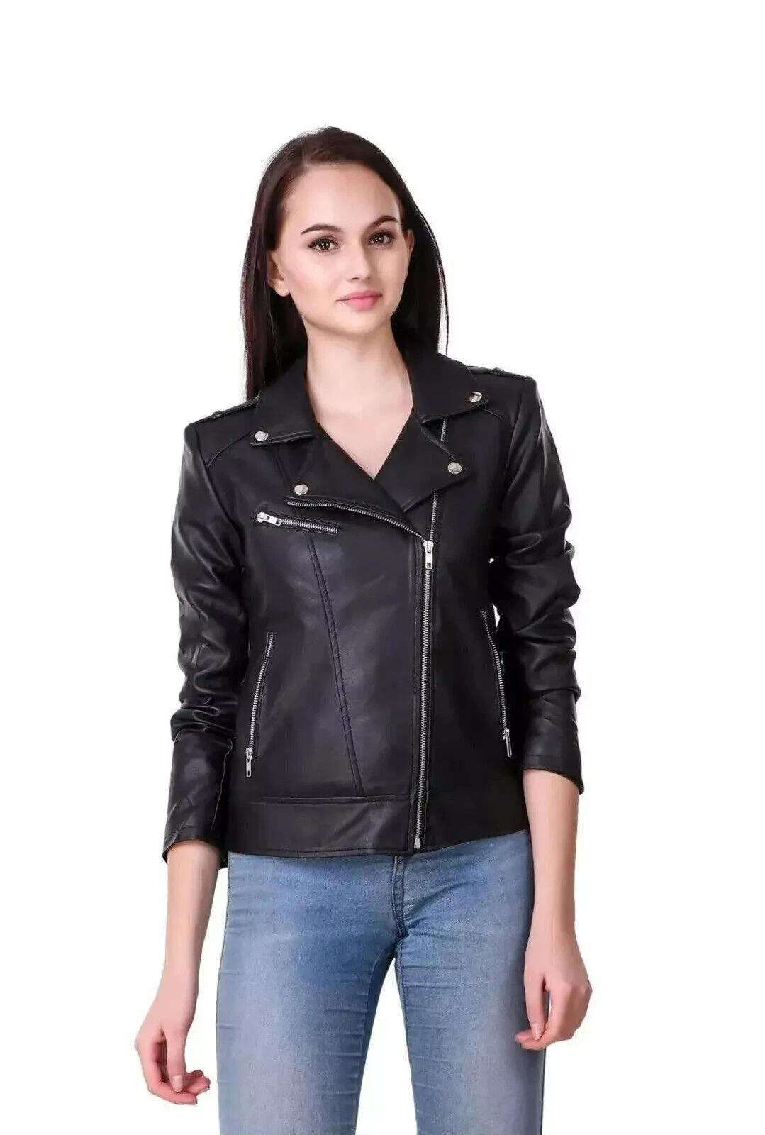 

Jacket Stylish Black Biker Motorcycle Handmade Women s Genuine Lambskin Leather 3XL чёрный